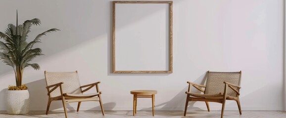 A living room design with an empty frame mock-up and two wooden chairs against a white wall, ready for personalization
