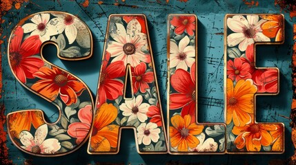 Sale banner, retro, grange, vintage style with flowers. Eye-catching text graphic for SALE using large, textured letters