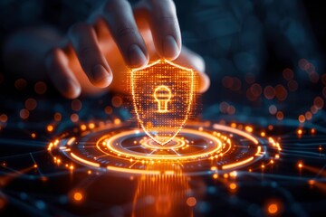 A hand reaching over a digital shield emblem, signifying cybersecurity and protection in a high-tech virtual environment.