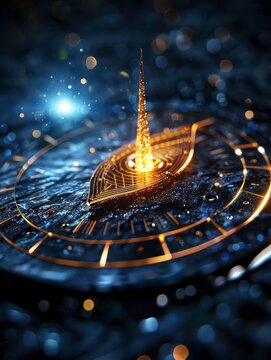 Abstract close-up of a golden sundial-like structure with glowing elements, evoking a sense of mystery and time.