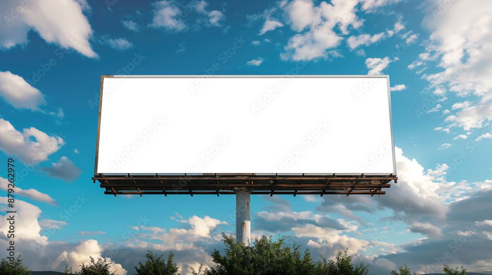 Wall mural White Billboard Mockup with Clipping Path. A large white billboard mockup with a clipping path, set against a bright blue sky with scattered clouds, ideal for advertising designs.