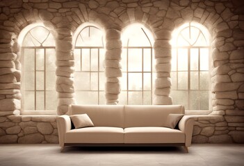 room interior home loft design living mediterranean modern ai created walls stone living beige sofa room window arched generative interior living cladding room sofa rustic