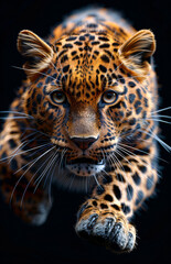 Obraz premium A leopard is shown in a close up shot. Concept of power and strength, as the leopard's muscular body and sharp claws are emphasized
