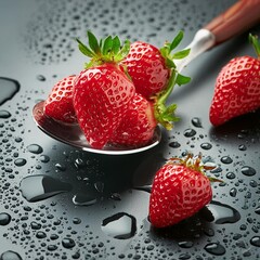 fresh ripe sweet strawberries in water drops and spoon, with selective focus