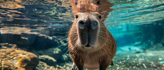 fun capybara swimming underwater in the ocean