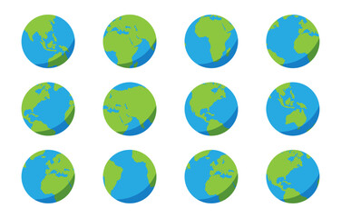 Set of round globes isolated on white background. Flat Earth Planet icon. Vector illustration