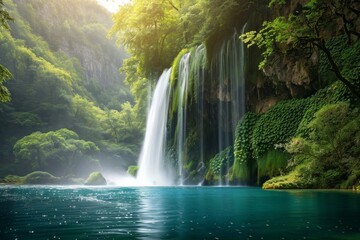 Fototapeta premium Spectacular View of Majestic Waterfalls Cascading Through Lush Greenery in Stunning Natural Landscape