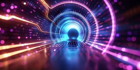 Obraz premium Futuristic glowing tunnel with vibrant colors and light streaks, perfect for technology and science fiction themes.
