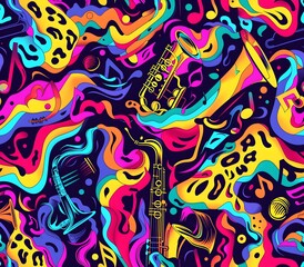Rainbow Leopard Spots Meet Music Notes and Jazz Instruments in a Colorful Dreamscape