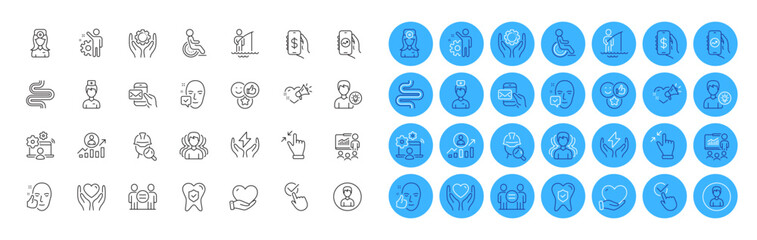 Presentation, Messenger mail and Money app line icons pack. Financial app, Dental insurance, Checkbox web icon. Online job, Love message, Volunteer pictogram. Touchscreen gesture. Vector