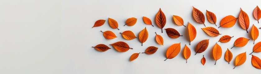 Obraz premium Minimal autumn composition with dry brown leaves arranged on a white background, providing a simple yet elegant seasonal decoration.