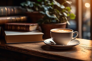 Fototapeta premium white coffee cup on a wooden table next to a stack of books