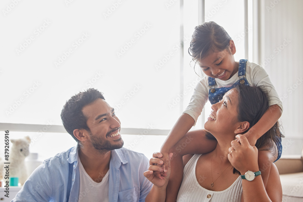 Canvas Prints Couple, girl child and piggyback in home with bonding, fun game and support with love, security and excited. Family, parents and playing with daughter on shoulders in living room for care or activity