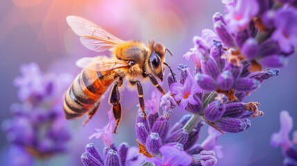 Close-up photo of a bee collecting nectar from vibrant purple flowers in a beautiful natural setting under warm sunlight.