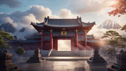 Obraz premium large, ornate gate with red pillars and a gold inscription, set against a backdrop of misty mountains and a bright sunrise.