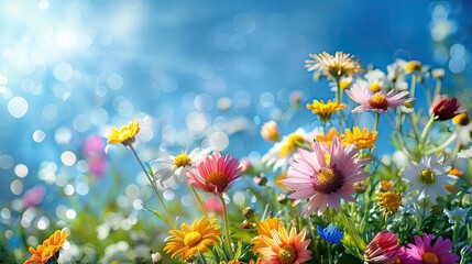 Colorful flower meadow with sunbeams and blue sky and bokeh lights in summer
