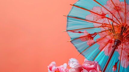 Blue and Pink Japanese Umbrella with Cherry Blossoms