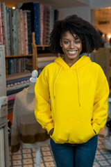 African american girl in her sewing workshop.