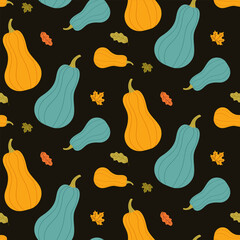 Seamless pattern pumpkin in flat style on white background. Seasonal autumn background, for textiles, cards, notepads. Vector illustration