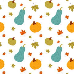 Seamless pattern pumpkin in flat style on white background. Seasonal autumn background, for textiles, cards, notepads. Vector illustration
