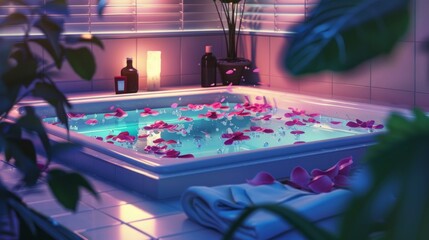 Illustrate a tranquil spa setting featuring a luxurious bubble bath with rose petals, essential oils, and ambient lighting. 