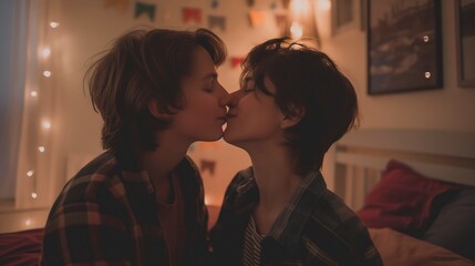 A happy gay couple kissing in the bedroom.