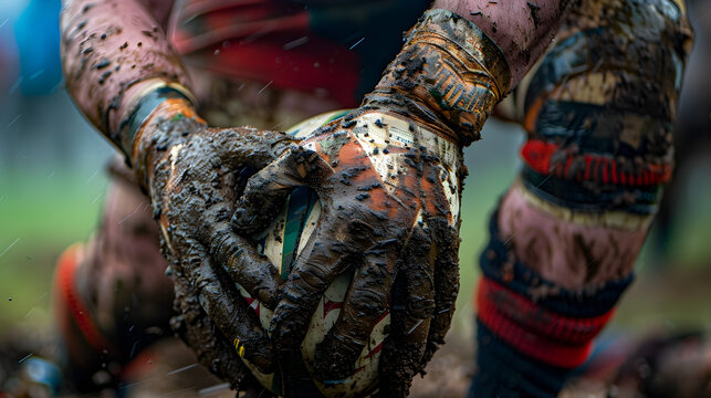 A close-up of a rugby player's muddy hands gripping the ball during a scrum.


