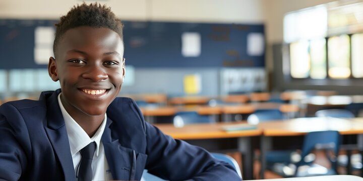 African American teen boy wearing classy school uniform sits at desk in classroom with computer monitors and natural light. Back to school theme with smiling student looking directly at camera.