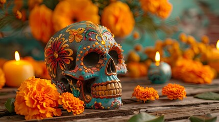 Sugar Skull Decorated with Marigolds and Candles