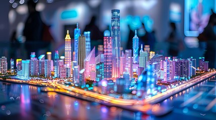 Illuminated Cityscape Model with Blurry Foreground