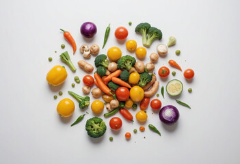 Mixed vegetables for curry, minimalist shot, food photography, clean simple background, advertising shot, volumetric light, white background