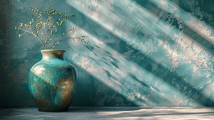 Green Vase with Sprigs in Sunlight