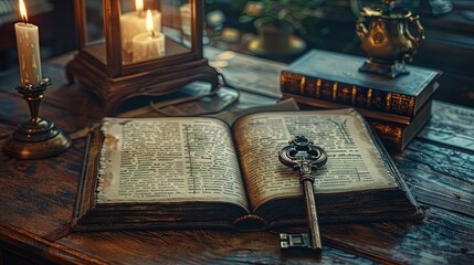 Antique Key on an Open Book with Candlelight