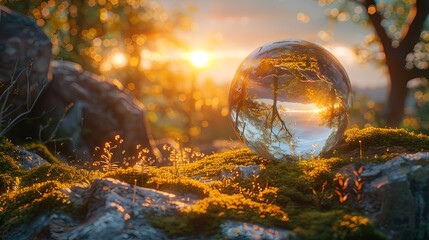 Crystal Ball Reflecting a Sunset in the Forest