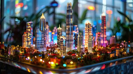 Illuminated Miniature Cityscape with Skyscrapers and Lights