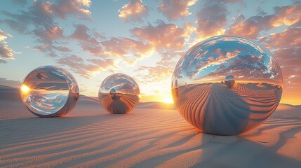 Three Shiny Spheres Reflecting Sunset in Desert