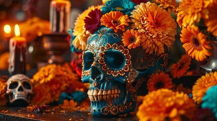 Blue Sugar Skull Adorned with Vibrant Flowers