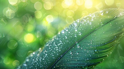 Green Feather with Dewdrops in a Soft Light