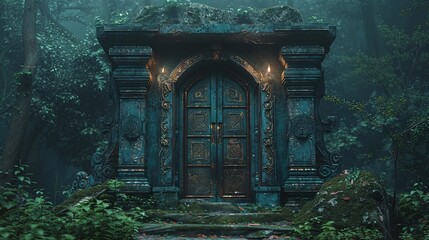 Ancient Doorway in a Foggy Forest
