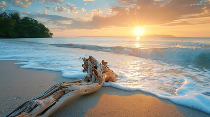 Driftwood on a Sandy Beach at Sunset