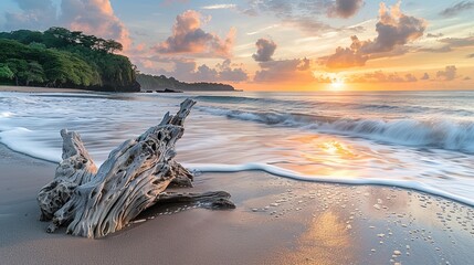 Driftwood on a Sandy Beach at Sunset