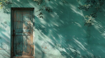 Green Wall With Wooden Door and Leaf Shadows
