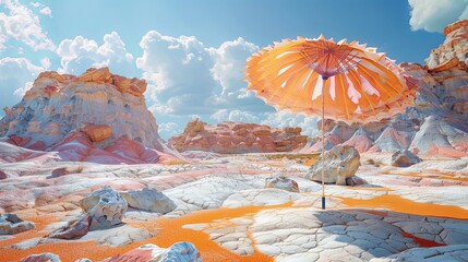 Surreal Desert Oasis with Orange Umbrella