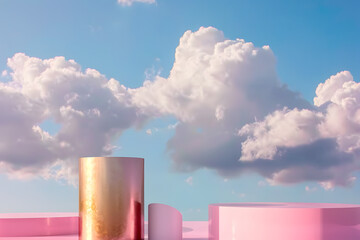 Obraz premium surreal podium outdoor on blue sky pink gold pastel soft clouds with space beauty cosmetic product placement pedestal present stand minimal display summer paradise dreamy concept