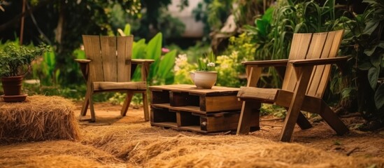 Obraz premium Rustic Garden Setting with Wooden Chairs and a Pallet Table