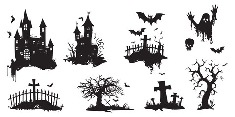 Obraz premium Vector set of black silhouettes on a white background, spooky elements for Halloween
