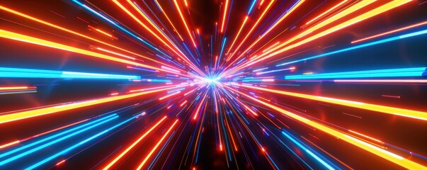 Naklejka premium Abstract colorful neon light beams in hyperspace. Concept for speed of light, time travel, cyberspace, future technology, and digital data.