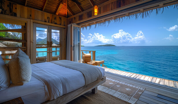 A bedroom with a large window overlooking the ocean. The view of the ocean is breathtaking and the room is filled with natural light