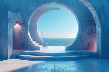 Fototapeta premium Minimalist blue concrete building with circular window overlooking ocean. Concept of modern architecture, design, and serene living space.
