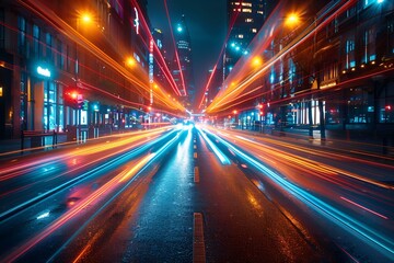 Fototapeta premium A city street at night with light trails from passing cars.